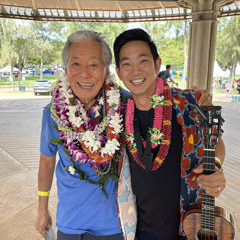 Roy Sakuma with Jake Shimabukuro at his ʻUkulele Hall of Fame induction, July 2024